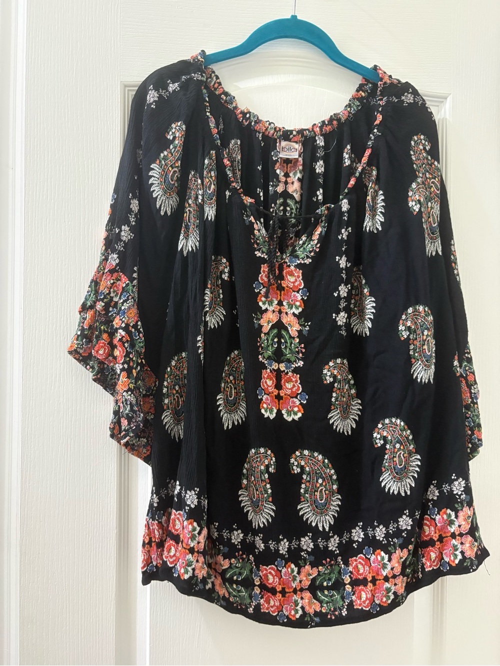 Bila Black Peasant Tunic with Coral & Green Floral Paisley